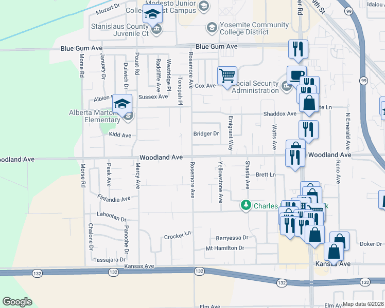 map of restaurants, bars, coffee shops, grocery stores, and more near 2118 Woodland Avenue in Modesto