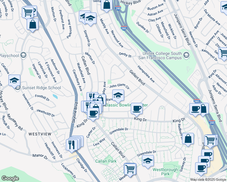 map of restaurants, bars, coffee shops, grocery stores, and more near 55 Nelson Court in Daly City