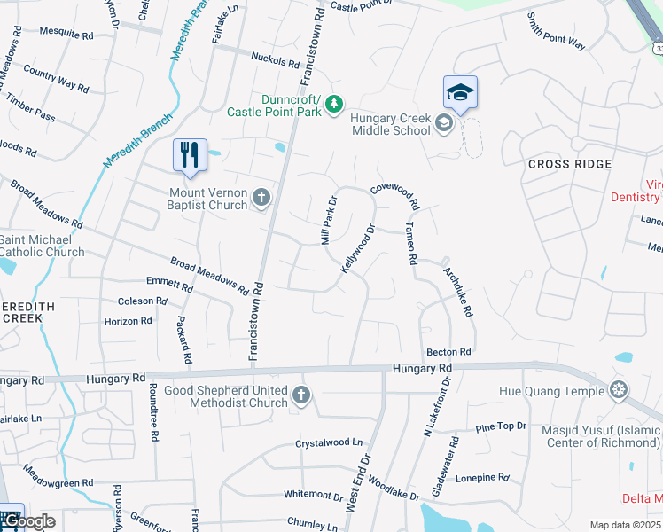 map of restaurants, bars, coffee shops, grocery stores, and more near 4722 Mill Park Drive in Glen Allen