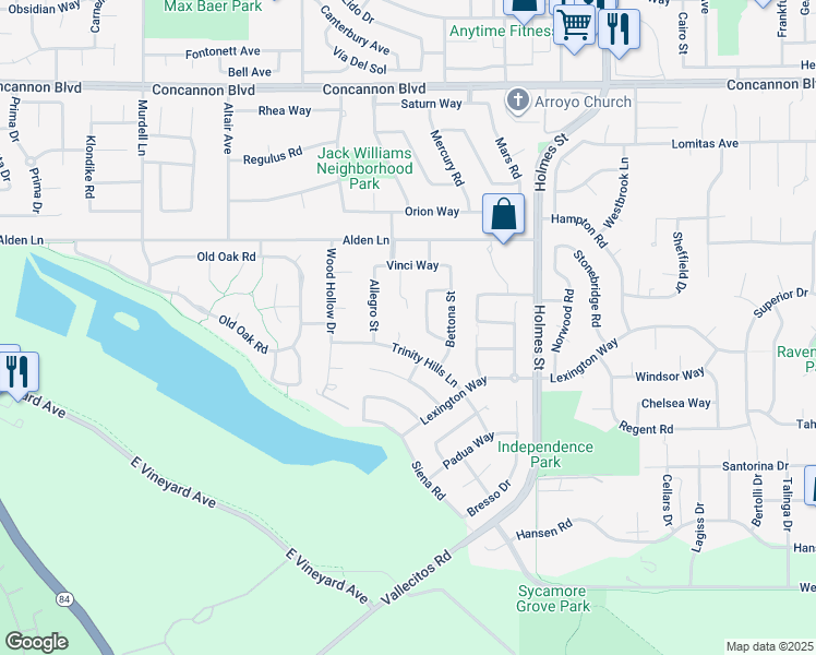 map of restaurants, bars, coffee shops, grocery stores, and more near 2544 Orvieto Court in Livermore