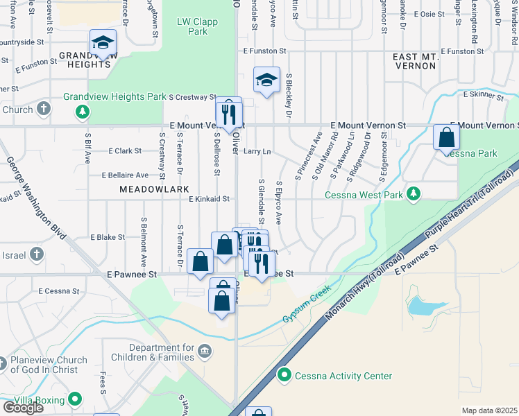 map of restaurants, bars, coffee shops, grocery stores, and more near 2224 Oliver in Wichita