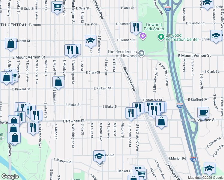 map of restaurants, bars, coffee shops, grocery stores, and more near 2212 South Lulu Street in Wichita