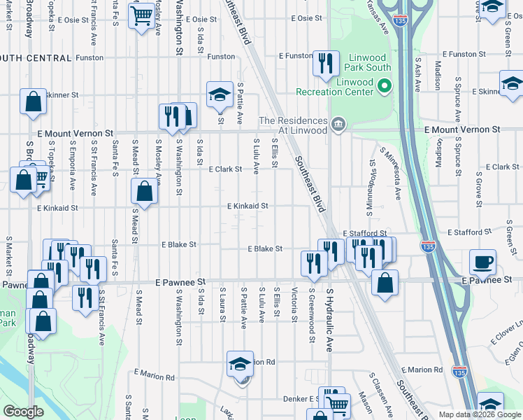 map of restaurants, bars, coffee shops, grocery stores, and more near 2212 South Lulu Street in Wichita