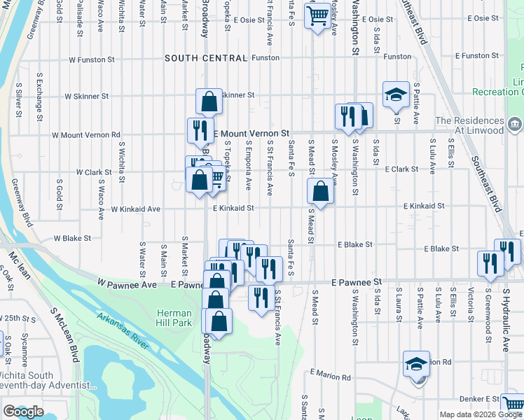 map of restaurants, bars, coffee shops, grocery stores, and more near 2211 North Saint Francis in Wichita