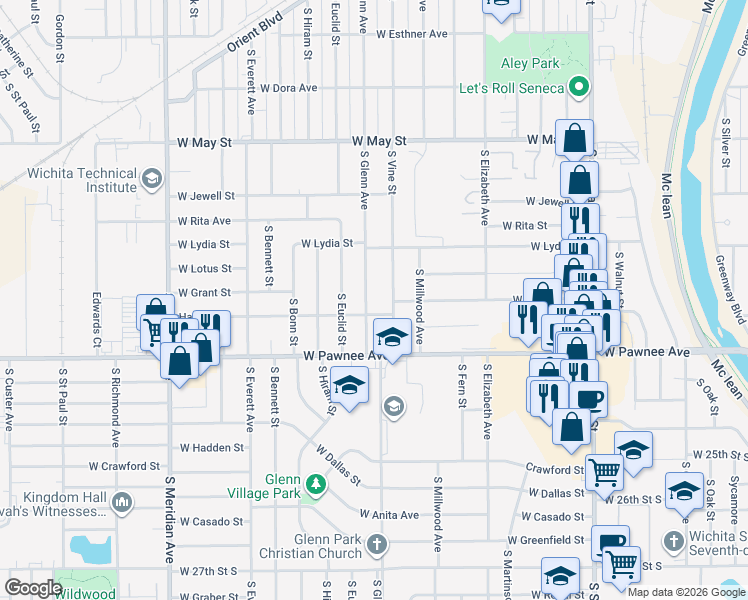 map of restaurants, bars, coffee shops, grocery stores, and more near 1800-1898 Haskell Street in Wichita