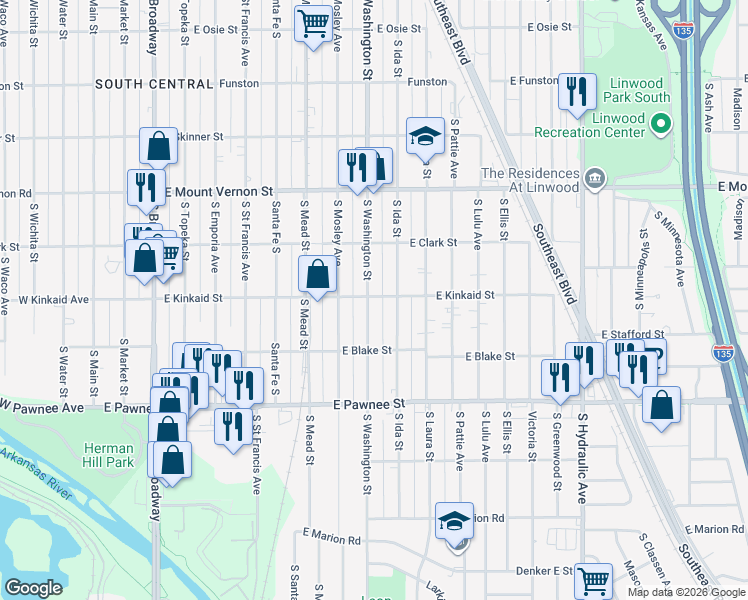 map of restaurants, bars, coffee shops, grocery stores, and more near 2212 South Washington Avenue in Wichita