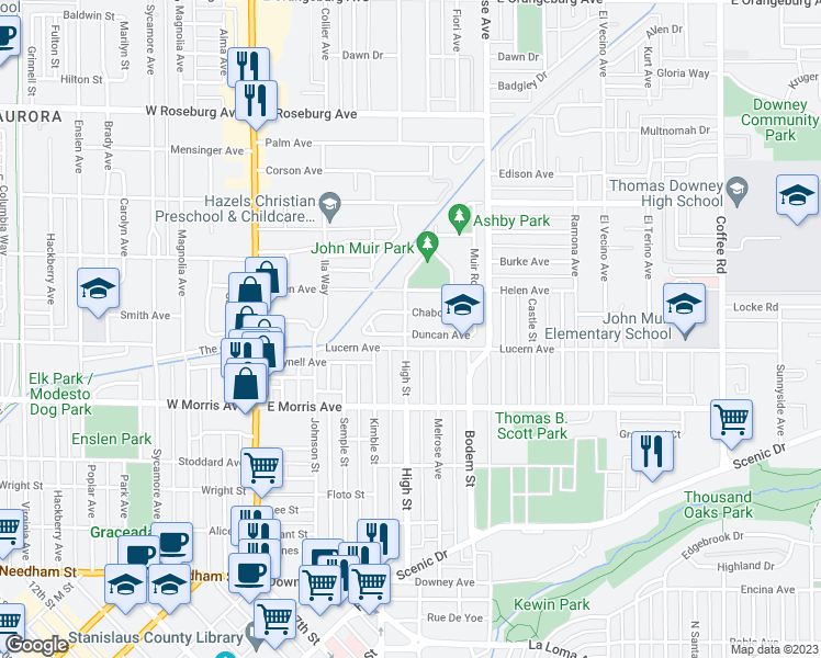 map of restaurants, bars, coffee shops, grocery stores, and more near 610 High Street in Modesto