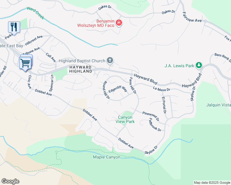 map of restaurants, bars, coffee shops, grocery stores, and more near 3274 Red Leaf Court in Hayward
