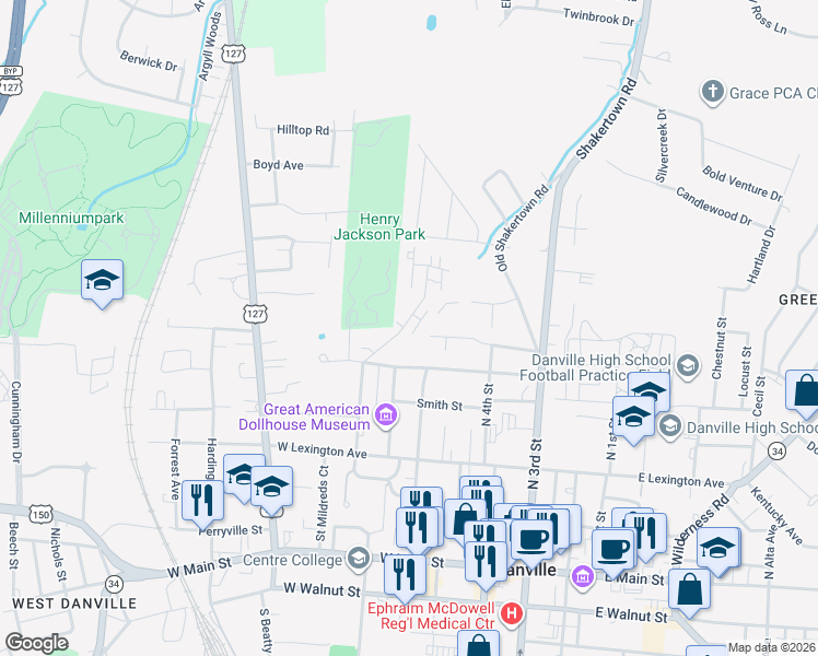map of restaurants, bars, coffee shops, grocery stores, and more near 105 Holladay Drive in Danville
