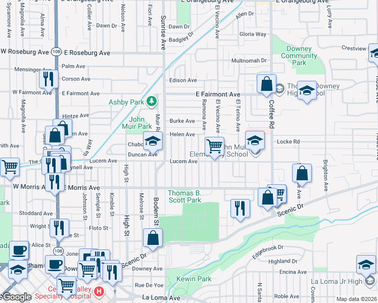 map of restaurants, bars, coffee shops, grocery stores, and more near 614 Castle Street in Modesto