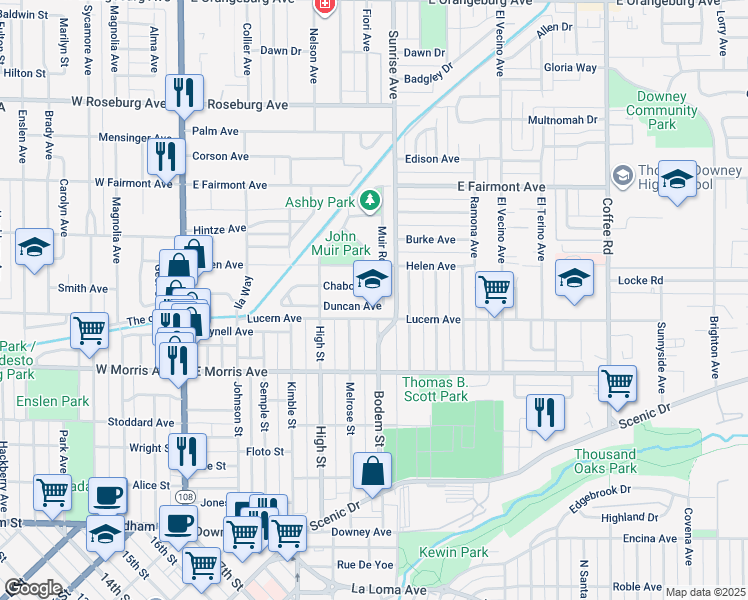 map of restaurants, bars, coffee shops, grocery stores, and more near 632 Duncan Avenue in Modesto