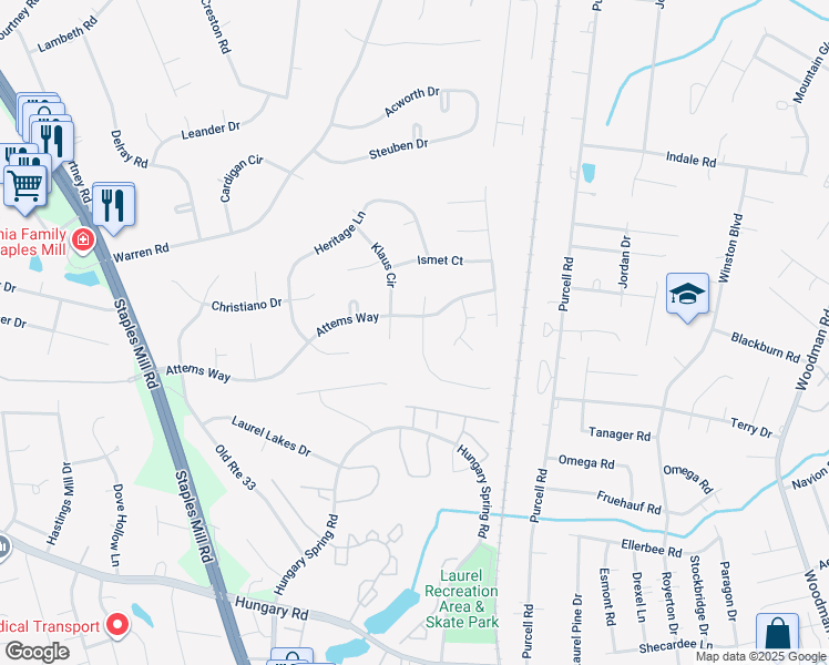 map of restaurants, bars, coffee shops, grocery stores, and more near 9804 Brookemoor Place in Glen Allen