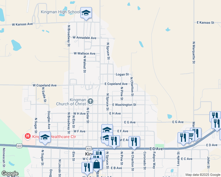 map of restaurants, bars, coffee shops, grocery stores, and more near 1101-1165 North Spruce Street in Kingman