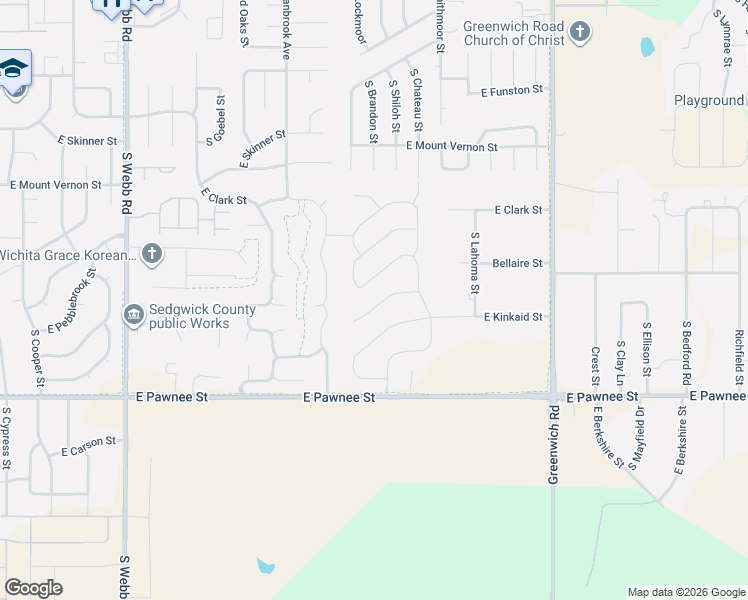 map of restaurants, bars, coffee shops, grocery stores, and more near 2222 South Cranbrook Street in Wichita