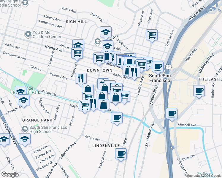 map of restaurants, bars, coffee shops, grocery stores, and more near 434 Railroad Avenue in South San Francisco