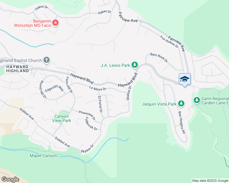 map of restaurants, bars, coffee shops, grocery stores, and more near 3621 La Mesa Drive in Hayward