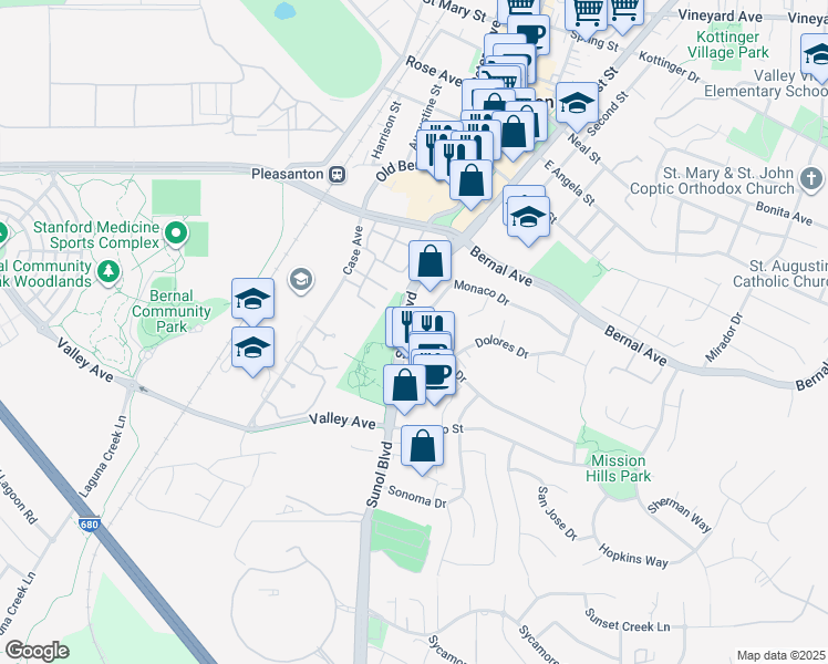 map of restaurants, bars, coffee shops, grocery stores, and more near 5280 Sunol Boulevard in Pleasanton