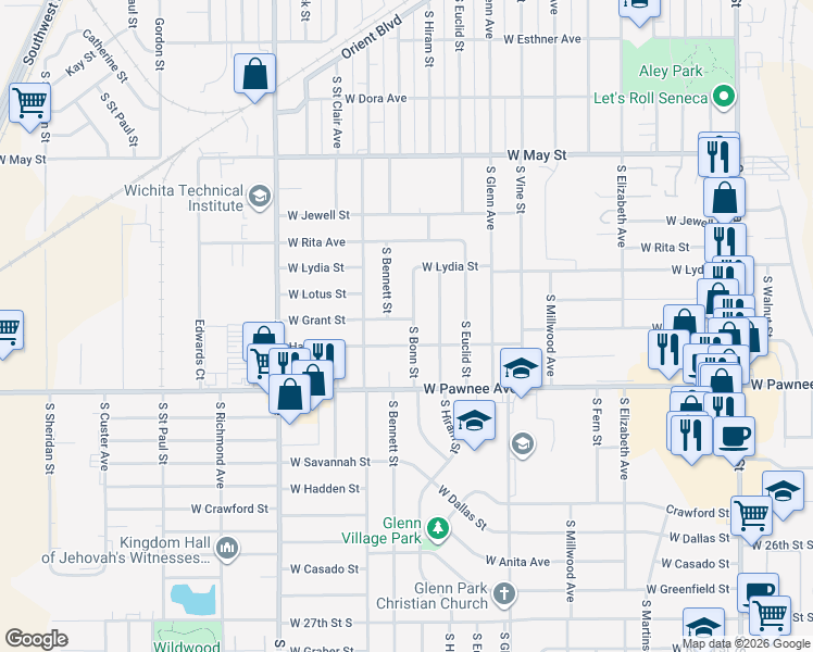 map of restaurants, bars, coffee shops, grocery stores, and more near 2128 Haskell Street in Wichita