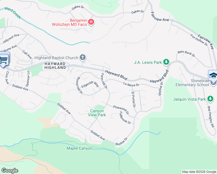 map of restaurants, bars, coffee shops, grocery stores, and more near 27912 Farm Hill Drive in Hayward