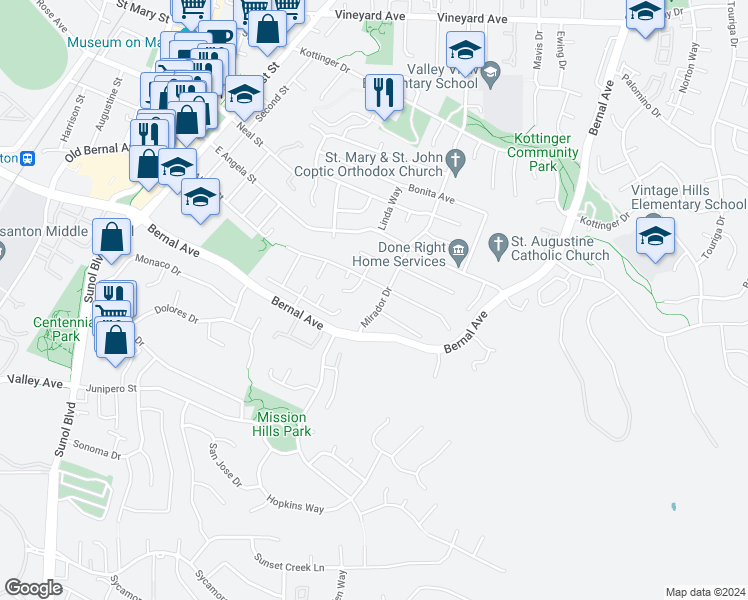map of restaurants, bars, coffee shops, grocery stores, and more near 4549 Mirador Drive in Pleasanton