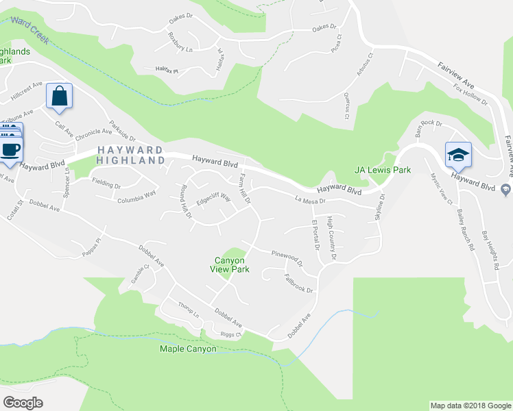 map of restaurants, bars, coffee shops, grocery stores, and more near 27912 Farm Hill Drive in Hayward