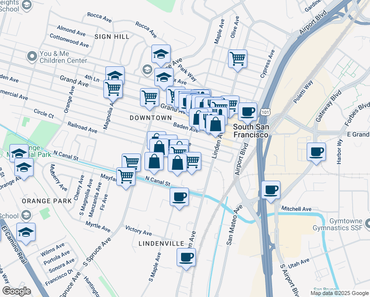 map of restaurants, bars, coffee shops, grocery stores, and more near 15 Maple Avenue in South San Francisco