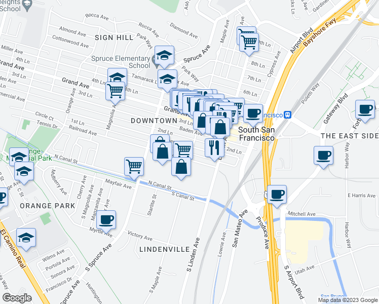 map of restaurants, bars, coffee shops, grocery stores, and more near 17 Maple Avenue in South San Francisco