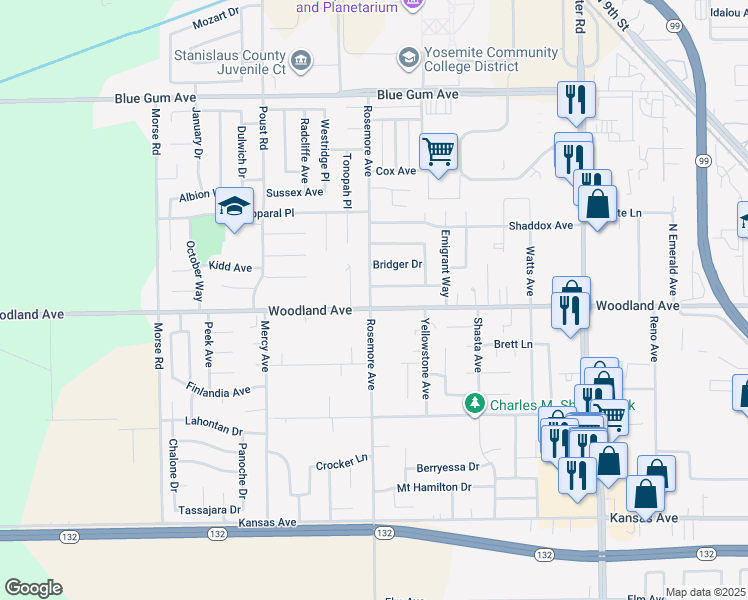 map of restaurants, bars, coffee shops, grocery stores, and more near 1300 Rosemore Avenue in Modesto