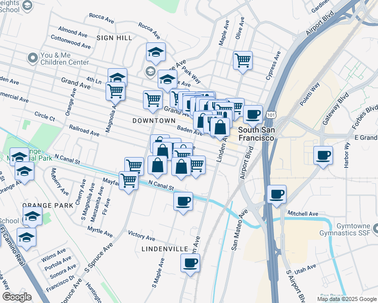 map of restaurants, bars, coffee shops, grocery stores, and more near 19 Maple Avenue in South San Francisco