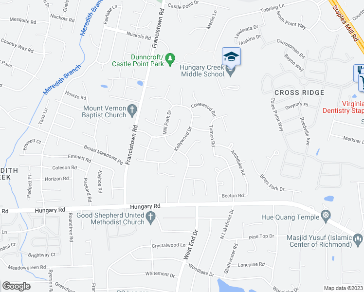 map of restaurants, bars, coffee shops, grocery stores, and more near 4803 Kellywood Drive in Glen Allen