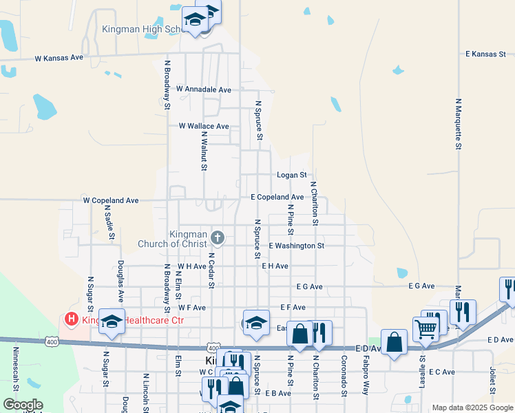 map of restaurants, bars, coffee shops, grocery stores, and more near 1165 N Spruce St in Kingman