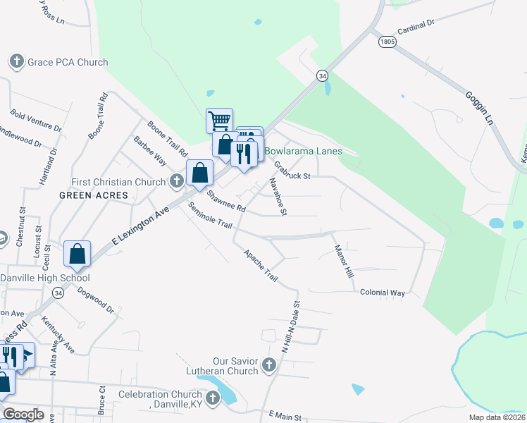 map of restaurants, bars, coffee shops, grocery stores, and more near 608 Shawnee Road in Danville