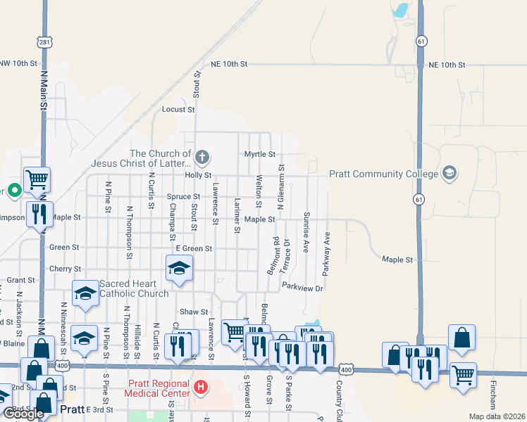 map of restaurants, bars, coffee shops, grocery stores, and more near 585 Belmont Road in Pratt