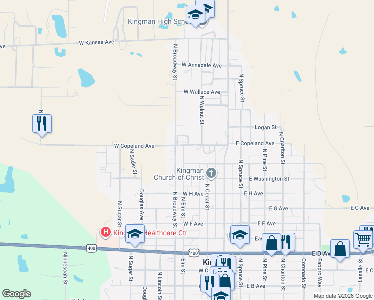 map of restaurants, bars, coffee shops, grocery stores, and more near 1100 North Elm Street in Kingman