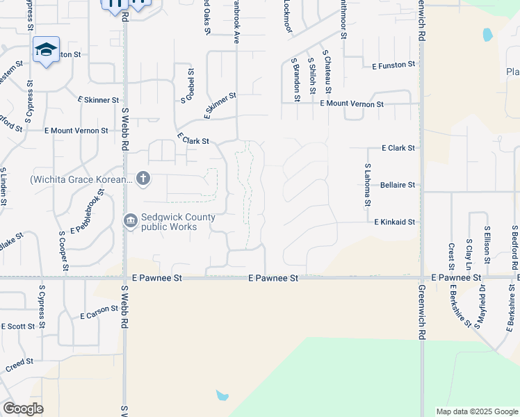 map of restaurants, bars, coffee shops, grocery stores, and more near 2201 South Cranbrook Street in Wichita