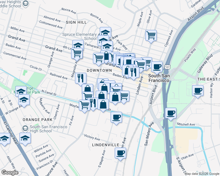 map of restaurants, bars, coffee shops, grocery stores, and more near 436 Railroad Ave in South San Francisco