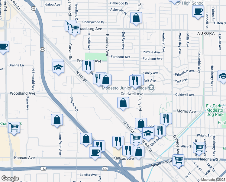 map of restaurants, bars, coffee shops, grocery stores, and more near 1420 Coldwell Avenue in Modesto