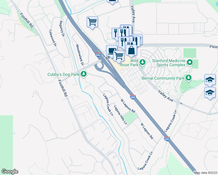map of restaurants, bars, coffee shops, grocery stores, and more near 7249 Hickorywood Lane in Pleasanton