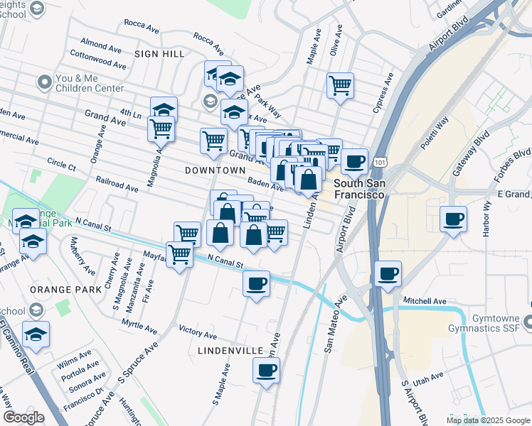 map of restaurants, bars, coffee shops, grocery stores, and more near 1 Maple Avenue in South San Francisco