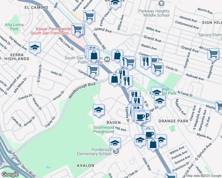 map of restaurants, bars, coffee shops, grocery stores, and more near 411 Fairway Drive in South San Francisco