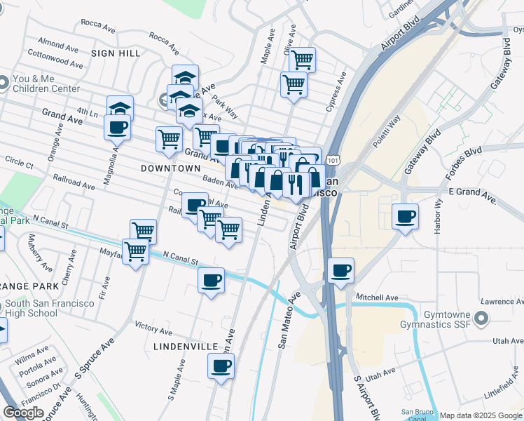 map of restaurants, bars, coffee shops, grocery stores, and more near 200 Village Way in South San Francisco