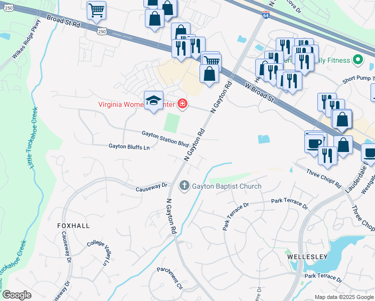 map of restaurants, bars, coffee shops, grocery stores, and more near 12201 Gayton Station Boulevard in Richmond