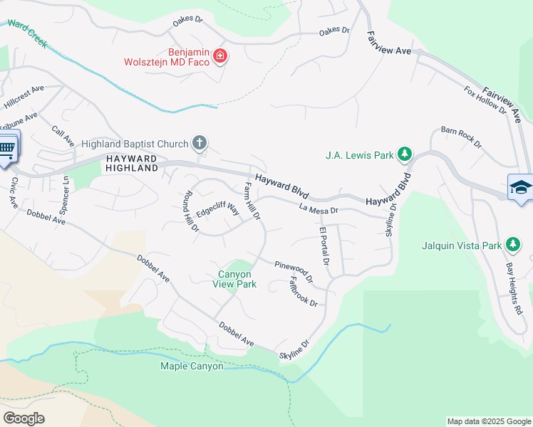 map of restaurants, bars, coffee shops, grocery stores, and more near 27912 Farm Hill Drive in Hayward