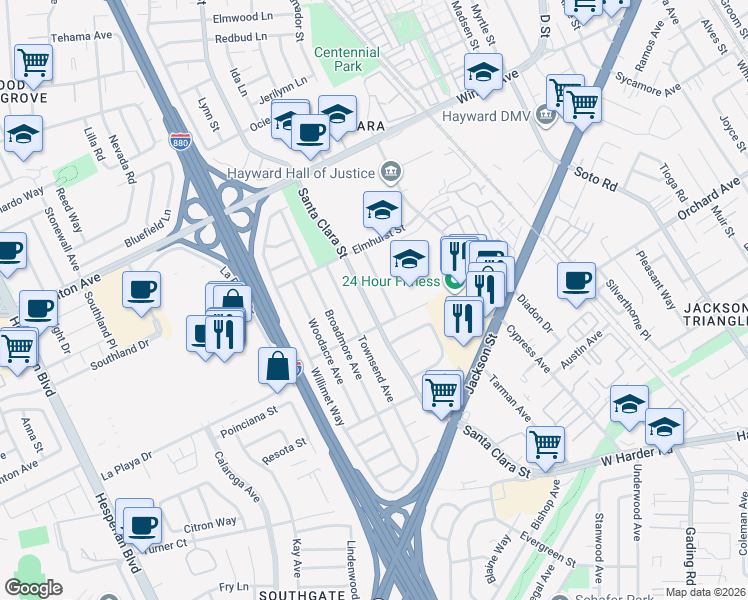 map of restaurants, bars, coffee shops, grocery stores, and more near 24652 Santa Clara Street in Hayward