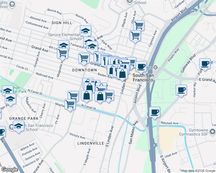 map of restaurants, bars, coffee shops, grocery stores, and more near 1 Maple Avenue in South San Francisco