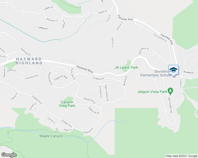 map of restaurants, bars, coffee shops, grocery stores, and more near La Mesa Drive in Hayward