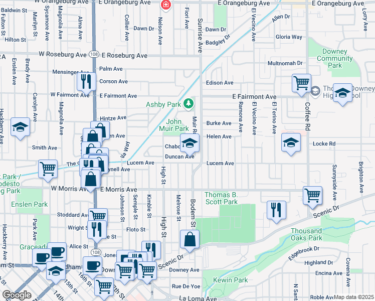 map of restaurants, bars, coffee shops, grocery stores, and more near 632 Duncan Avenue in Modesto