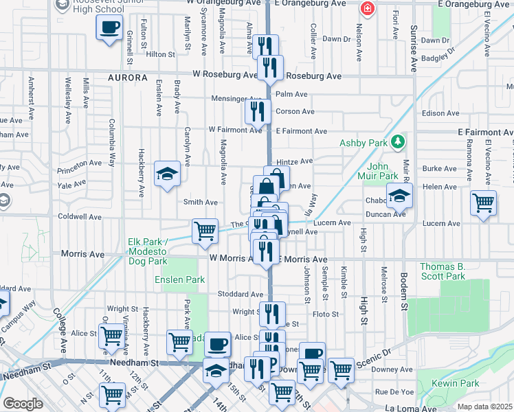 map of restaurants, bars, coffee shops, grocery stores, and more near 601 McHenry Avenue in Modesto