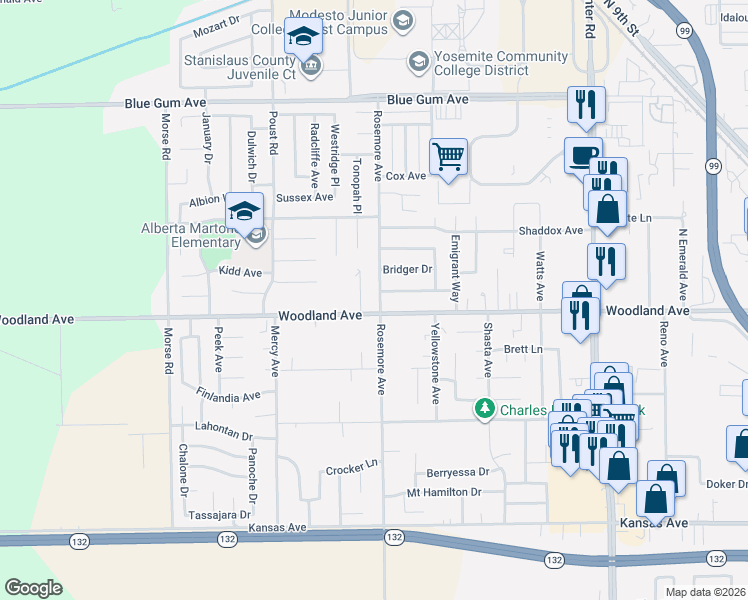 map of restaurants, bars, coffee shops, grocery stores, and more near 2218 Woodland Avenue in Modesto