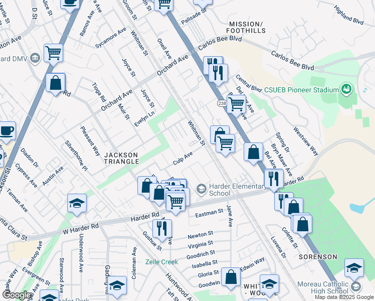 map of restaurants, bars, coffee shops, grocery stores, and more near 485 Culp Avenue in Hayward